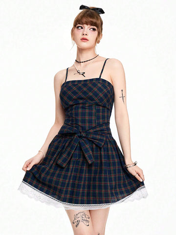 ROMWE Kawaii Cute Vintage Plaid Bow Tie Fitted A-Line Dress For Women