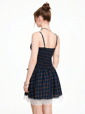 ROMWE Kawaii Cute Vintage Plaid Bow Tie Fitted A-Line Dress For Women