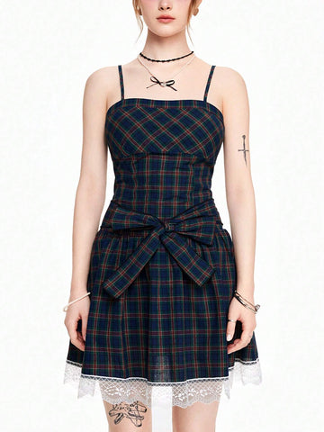 ROMWE Kawaii Cute Vintage Plaid Bow Tie Fitted A-Line Dress For Women
