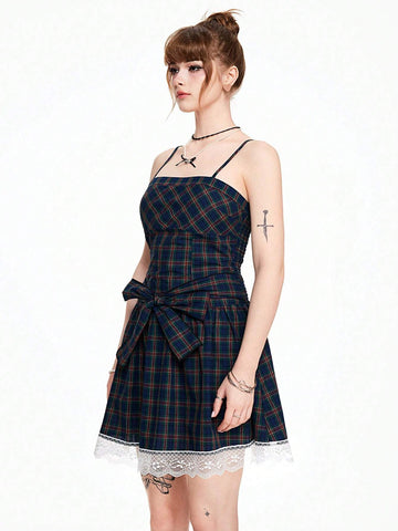 ROMWE Kawaii Cute Vintage Plaid Bow Tie Fitted A-Line Dress For Women