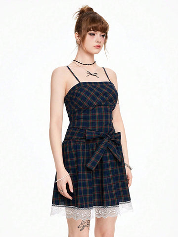 ROMWE Kawaii Cute Vintage Plaid Bow Tie Fitted A-Line Dress For Women