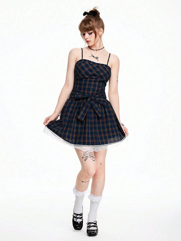 ROMWE Kawaii Cute Vintage Plaid Bow Tie Fitted A-Line Dress For Women