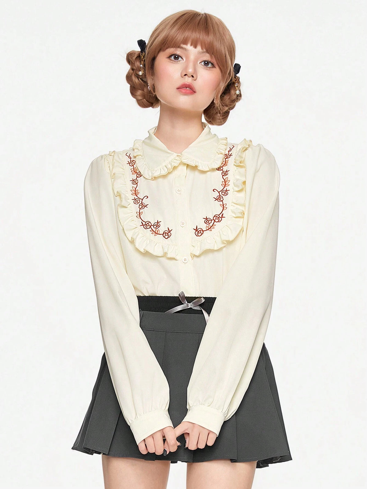 ROMWE Kawaii Cute & Sweet Embroidered Ribbon Bow Accent Women Shirt