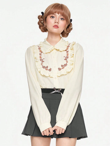 ROMWE Kawaii Cute & Sweet Embroidered Ribbon Bow Accent Women Shirt