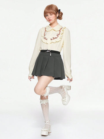 ROMWE Kawaii Cute & Sweet Embroidered Ribbon Bow Accent Women Shirt