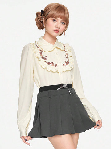 ROMWE Kawaii Cute & Sweet Embroidered Ribbon Bow Accent Women Shirt