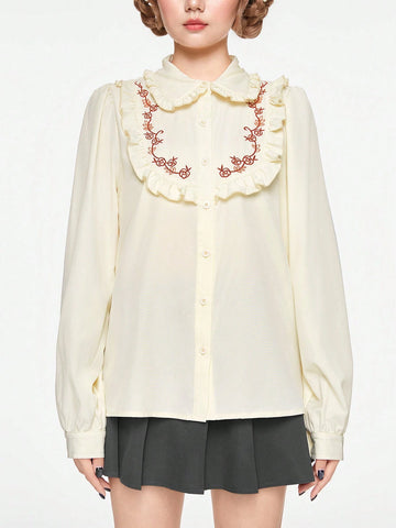 ROMWE Kawaii Cute & Sweet Embroidered Ribbon Bow Accent Women Shirt