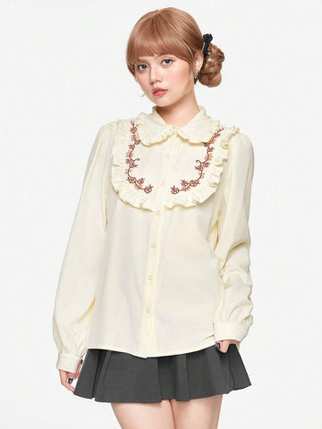 ROMWE Kawaii Cute & Sweet Embroidered Ribbon Bow Accent Women Shirt