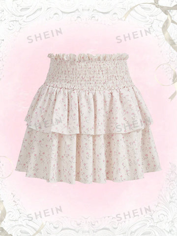 ROMWE Kawaii Ditsy Floral Print Paperbag Waist Two Layer Hem Skirt