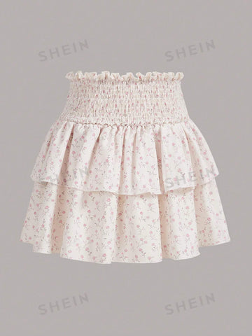 ROMWE Kawaii Ditsy Floral Print Paperbag Waist Two Layer Hem Skirt
