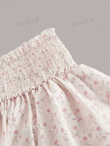 ROMWE Kawaii Ditsy Floral Print Paperbag Waist Two Layer Hem Skirt