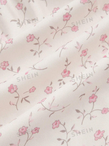 ROMWE Kawaii Ditsy Floral Print Paperbag Waist Two Layer Hem Skirt