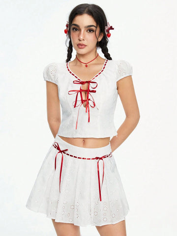 ROMWE Kawaii Lovely Contrast Bowknot Designed Jacquard Texture Women's Two-Piece Outfit