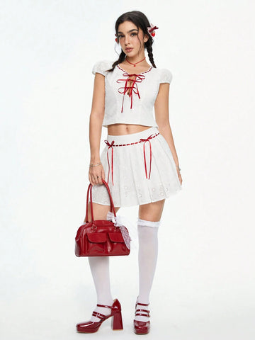 ROMWE Kawaii Lovely Contrast Bowknot Designed Jacquard Texture Women's Two-Piece Outfit