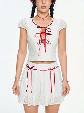 ROMWE Kawaii Lovely Contrast Bowknot Designed Jacquard Texture Women's Two-Piece Outfit