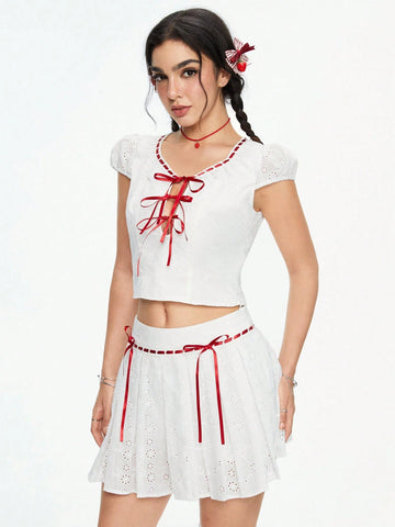 ROMWE Kawaii Lovely Contrast Bowknot Designed Jacquard Texture Women's Two-Piece Outfit