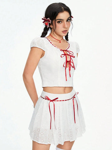 ROMWE Kawaii Lovely Contrast Bowknot Designed Jacquard Texture Women's Two-Piece Outfit