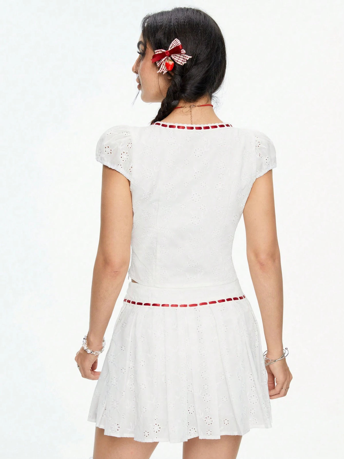 ROMWE Kawaii Lovely Contrast Bowknot Designed Jacquard Texture Women's Two-Piece Outfit