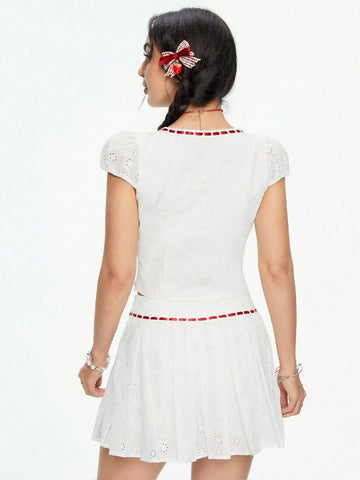 ROMWE Kawaii Lovely Contrast Bowknot Designed Jacquard Texture Women's Two-Piece Outfit