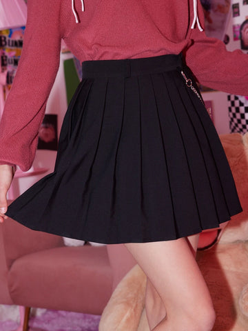 ROMWE Kawaii Solid Pleated Skirt, School