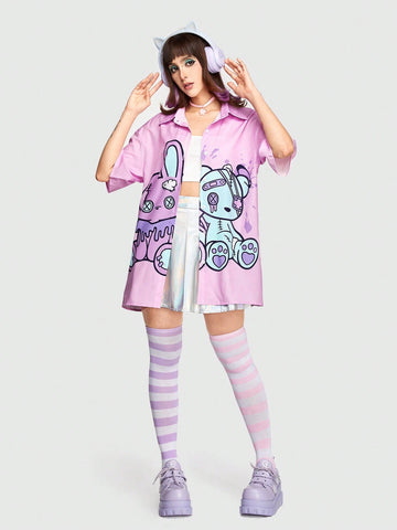 Kawaii Summer Cartoon Print Drop Shoulder Pink Shirt