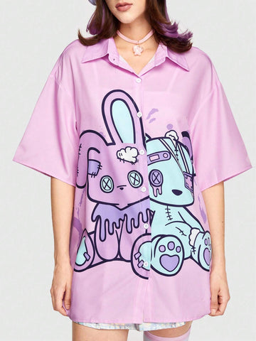 Kawaii Summer Cartoon Print Drop Shoulder Pink Shirt