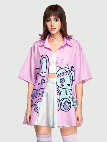Kawaii Summer Cartoon Print Drop Shoulder Pink Shirt