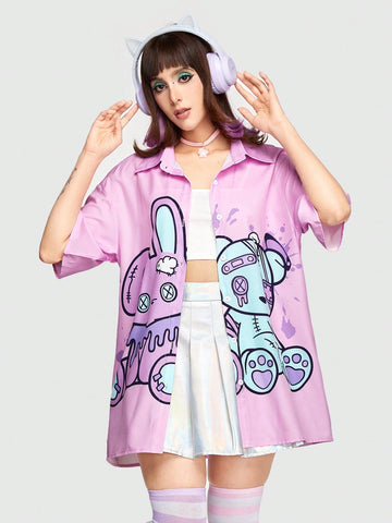 Kawaii Summer Cartoon Print Drop Shoulder Pink Shirt