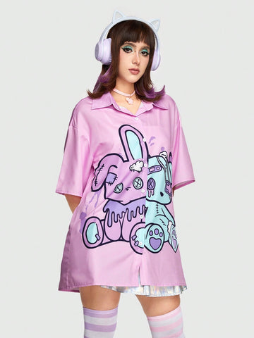 Kawaii Summer Cartoon Print Drop Shoulder Pink Shirt