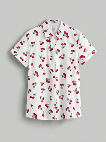 ROMWE Kawaii Teenage Girls' Casual And Cute Cherry Allover Print Women's Shirt