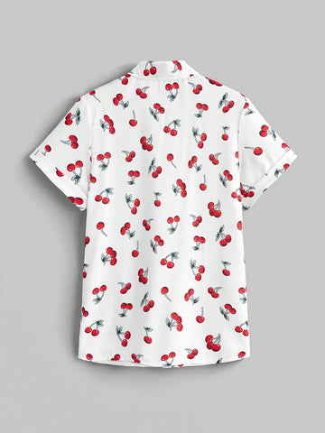 ROMWE Kawaii Teenage Girls' Casual And Cute Cherry Allover Print Women's Shirt