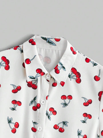 ROMWE Kawaii Teenage Girls' Casual And Cute Cherry Allover Print Women's Shirt