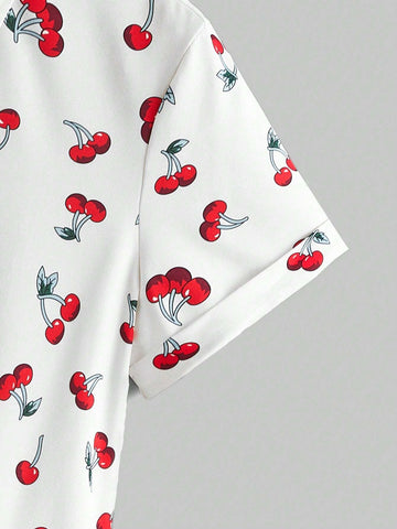 ROMWE Kawaii Teenage Girls' Casual And Cute Cherry Allover Print Women's Shirt