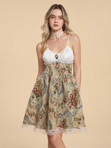 ROMWE Kawaii Vintage Victorian Court Style Floral Strap Women Long Dress