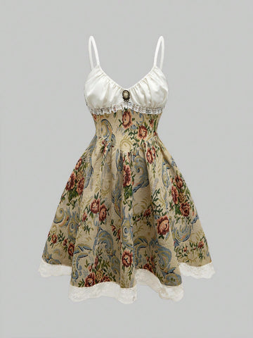 ROMWE Kawaii Vintage Victorian Court Style Floral Strap Women Long Dress