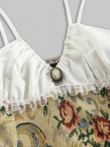 ROMWE Kawaii Vintage Victorian Court Style Floral Strap Women Long Dress