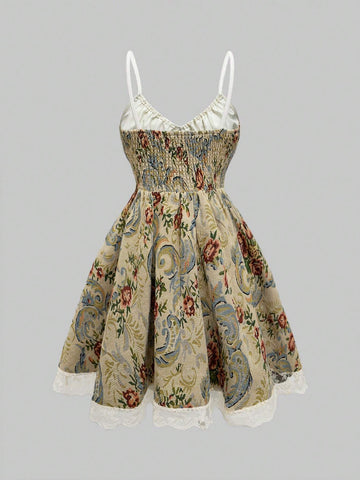 ROMWE Kawaii Vintage Victorian Court Style Floral Strap Women Long Dress