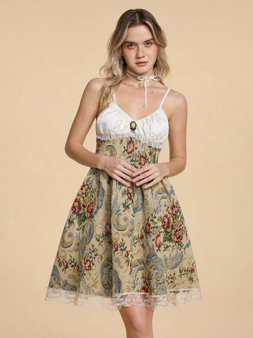 ROMWE Kawaii Vintage Victorian Court Style Floral Strap Women Long Dress