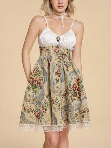 ROMWE Kawaii Vintage Victorian Court Style Floral Strap Women Long Dress