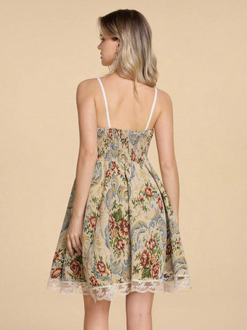 ROMWE Kawaii Vintage Victorian Court Style Floral Strap Women Long Dress