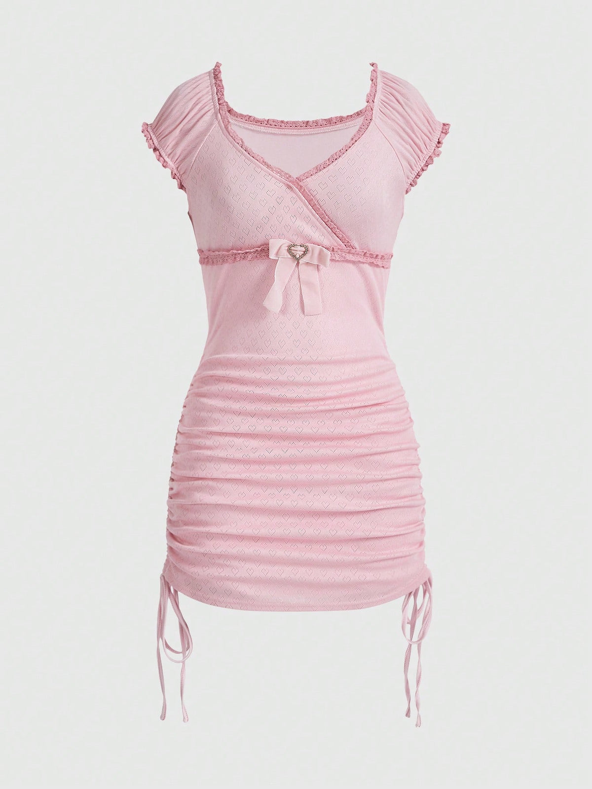 ROMWE Kawaii Women'S Lace Trimmed Dress With Side Drawstring, Heart Shaped Jacquard Ribbon And Bow Decoration