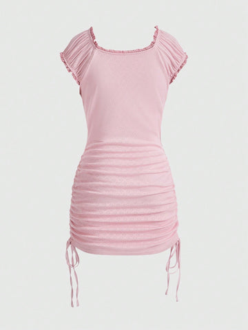 ROMWE Kawaii Women'S Lace Trimmed Dress With Side Drawstring, Heart Shaped Jacquard Ribbon And Bow Decoration