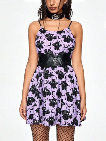 ROMWE Kawaii Women Black Cat Print Kawaii Cute Faux Leather Waist Tie Shirt Dress