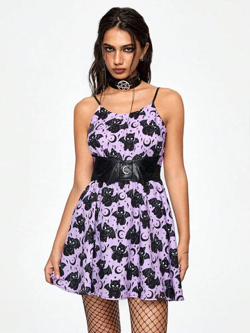 ROMWE Kawaii Women Black Cat Print Kawaii Cute Faux Leather Waist Tie Shirt Dress