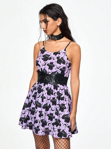 ROMWE Kawaii Women Black Cat Print Kawaii Cute Faux Leather Waist Tie Shirt Dress