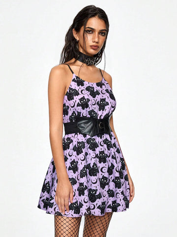 ROMWE Kawaii Women Black Cat Print Kawaii Cute Faux Leather Waist Tie Shirt Dress