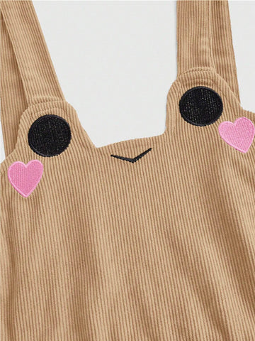 ROMWE Kawaii Women Cartoon Embroidered Strap Dress For Casual Daily Wear, Autumn