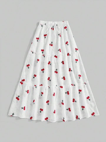 ROMWE Kawaii Women Casual Cherry Embroidery Jacquard Pleated Skirt With Lace Trim And Umbrella Hem