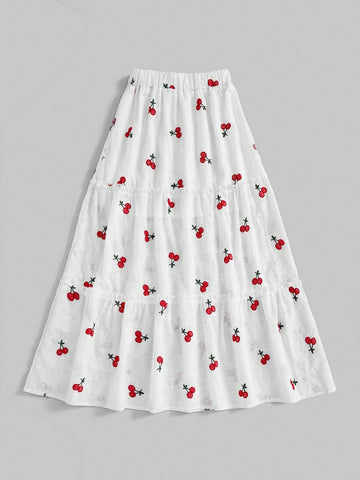 ROMWE Kawaii Women Casual Cherry Embroidery Jacquard Pleated Skirt With Lace Trim And Umbrella Hem