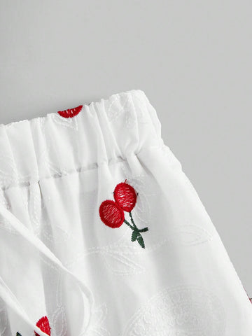 ROMWE Kawaii Women Casual Cherry Embroidery Jacquard Pleated Skirt With Lace Trim And Umbrella Hem